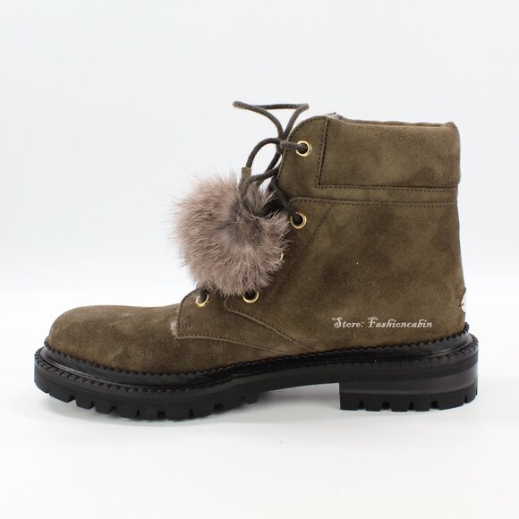 NEW JIMMY CHOO Pom-Pom Suede Fur | Cozy Cold Weather Suede Lace-Up Boots/Booties - Picture 9 of 15
